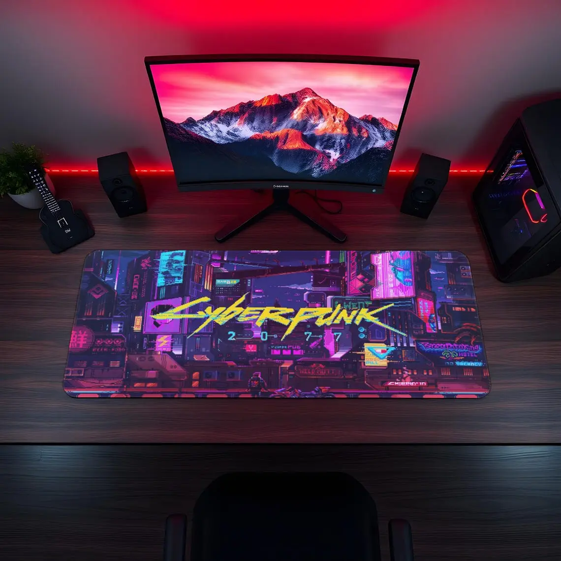 Cyberpunk 2077 Inspired Mouse Pad – Neon Gaming Desk Mat, Stitched Edge, XL Mousepad, Futuristic Setup