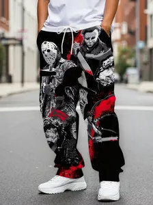 Men's Red and Black Movie Print Sweatpants Drawstring Jogging Pants Polyester Blend Outdoor Casual Wear with Pockets for All Seasons
