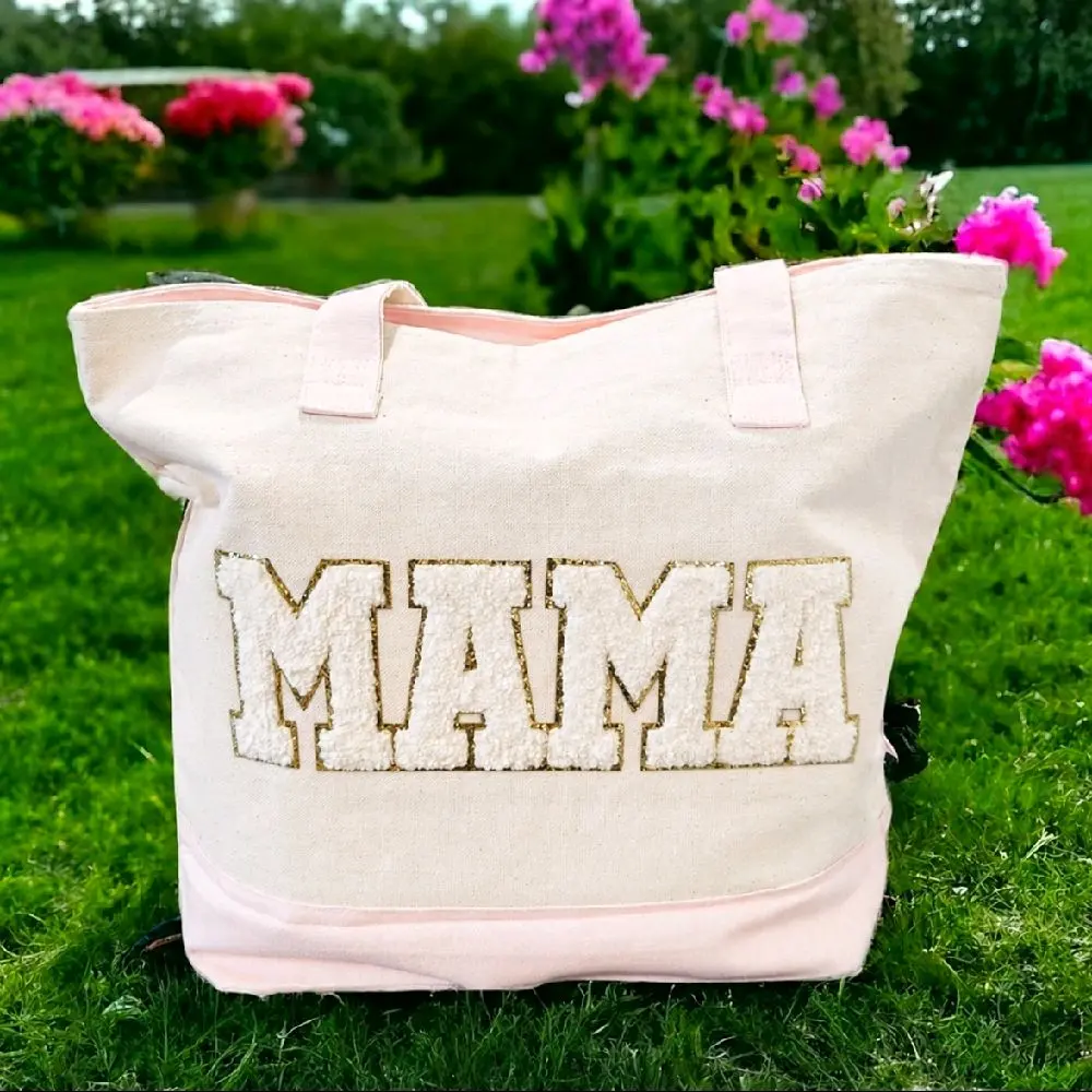 Mama Tote Bag - Canvas Tote with "Mama" Embroidery, Pink Trim, and Zip Closure, Perfect for Everyday Use