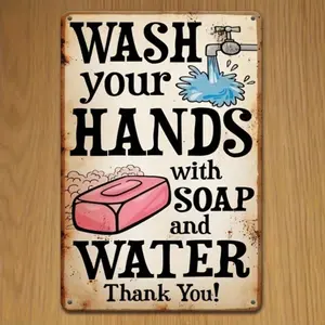 Aluminum Retro Wash Your Hands Soap Wall Decor Sign Vintage Rustic Plaque for Farmhouse Kitchen Bathroom Home Wall Art Bathroom Decorations