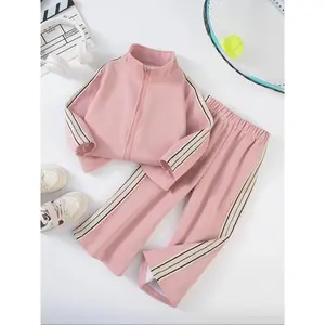 Girls' Sports Set, Deep Blue Striped Jacket & Side Decor Pants, School Style for Ages 2-8, Daily Training Wear, Track Uniforms Girls