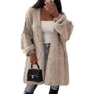PrettyGarden Women's Oversized Long Cardigan Sweaters Lantern Sleeve Stitching Fall Trendy Knit Open Front Jacket Coats Winter Clothes Outerwear