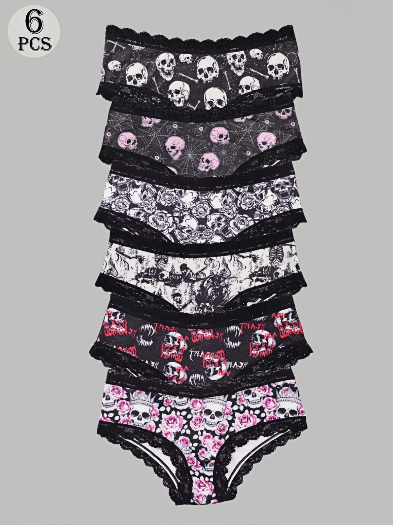 Morvia 6-Pack Gothic Alt Girl Panties, Y2K Grunge Aesthetic Skull & Spider Web Underwear, Dark Sweet Spicy Rose Lace Lingerie, Seamless Soft Cotton Crotch, Emo Punk Vampire Style Knickers, Assorted Spooky Prints, Comfort Daily Wear, High Waist Underwear