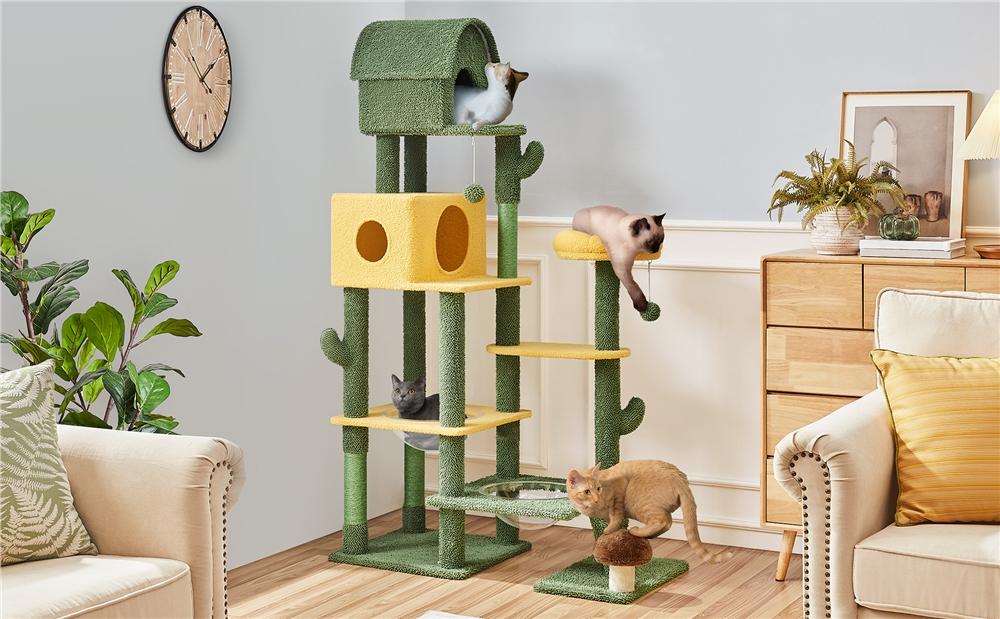 Yaheetech 68.5in Cactus Cat Tree, Large Cat Tree for Indoor Cats, Multi-Level Cat Tower with 2 Large Condo, Scratching Posts, 2 Acrylic Clear Bowls and Dangling Balls
