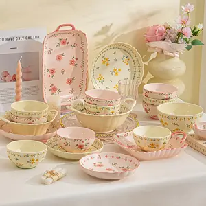 Floral Pattern Ceramic Tableware Set, 4/6 Counts/set Including Bowl & Plate & Saucer & Candle Holder, Kitchen Cutlery Set for Home Restaurant Party, Ceramic Dinnerware Set
