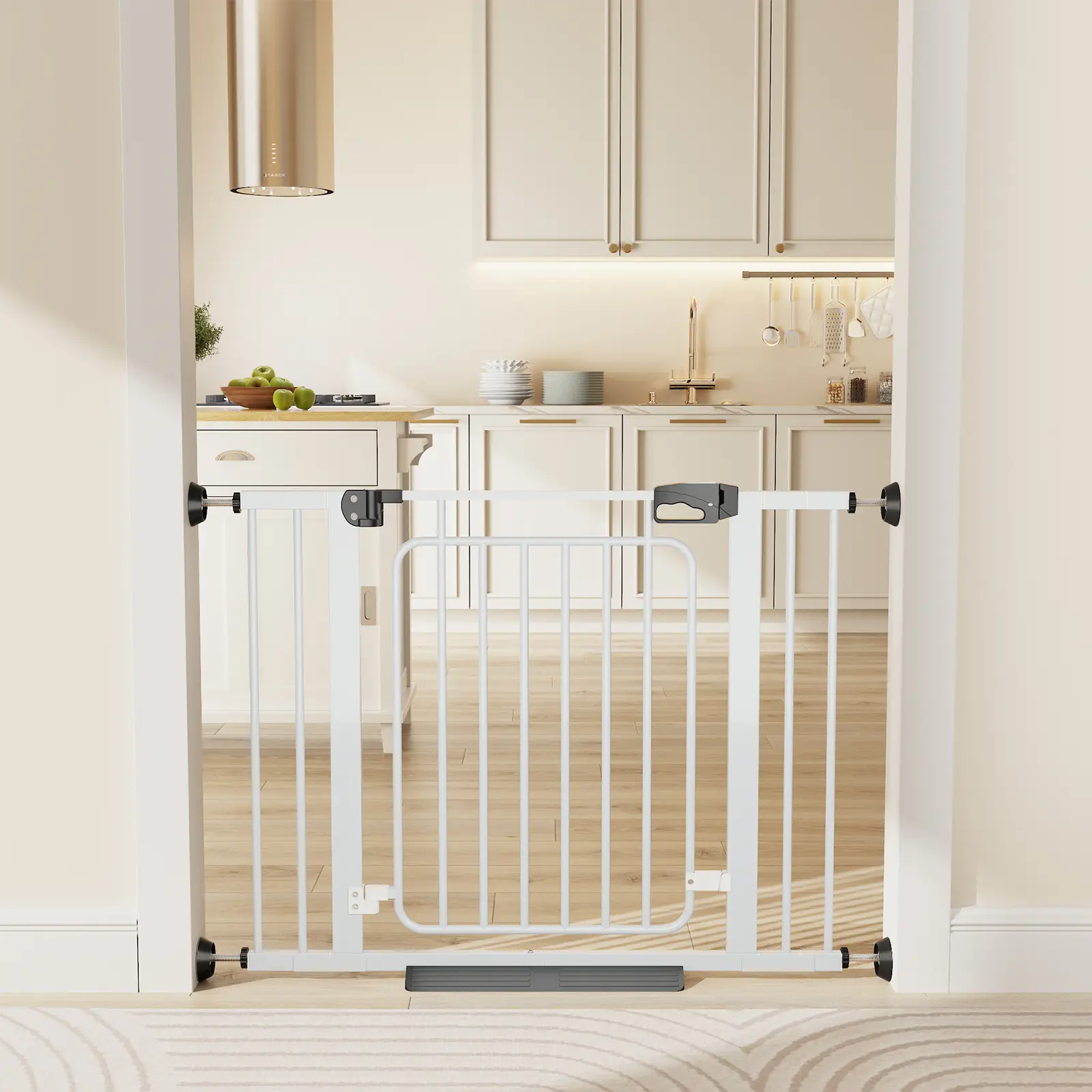 Flycity Baby Extra Wide Baby Gate for Doorways,Auto Close Safety Gates for Bedroom, Fits 29.6 Inch to 42.5 Inch with Pressure Mounted Extention Kit, Easy Walk Thru Child Safety, White