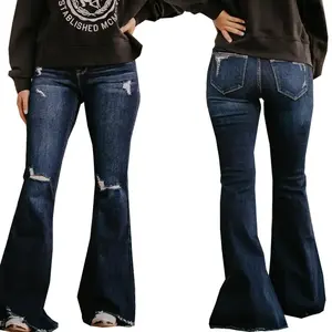 Women's Dark Blue Washed Denim Flared Pants - Elastic Waist, Ripped Details, Pocket Design, Leg-Accentuating Fit