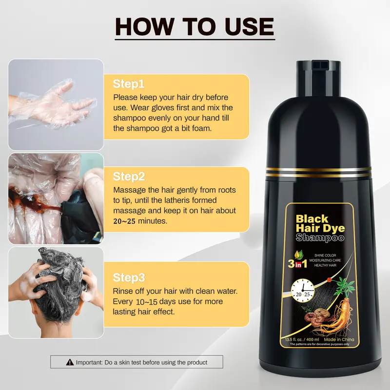 KAISASA 3-in-1 Black Hair Color Shampoo - Alcohol-Free Cleanser, Conditioner with Ginseng Extract, Herbal Gray Coverage, Natural Plant Care, Restores Functionality, 15-20 Minute Home Application, for Adults (400ml, 36 Months Shelf Life)