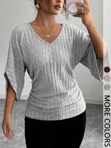 Women's 1pc Solid Color Ribbed Batwing Sleeve V-Neck Blouse Soft Stretchy Knit Fabric & Relaxed Batwing Sleeve Design & Vertical Ribbed Texture & V-Neck Silhouette & Curved Hem Detail，batwing shirts