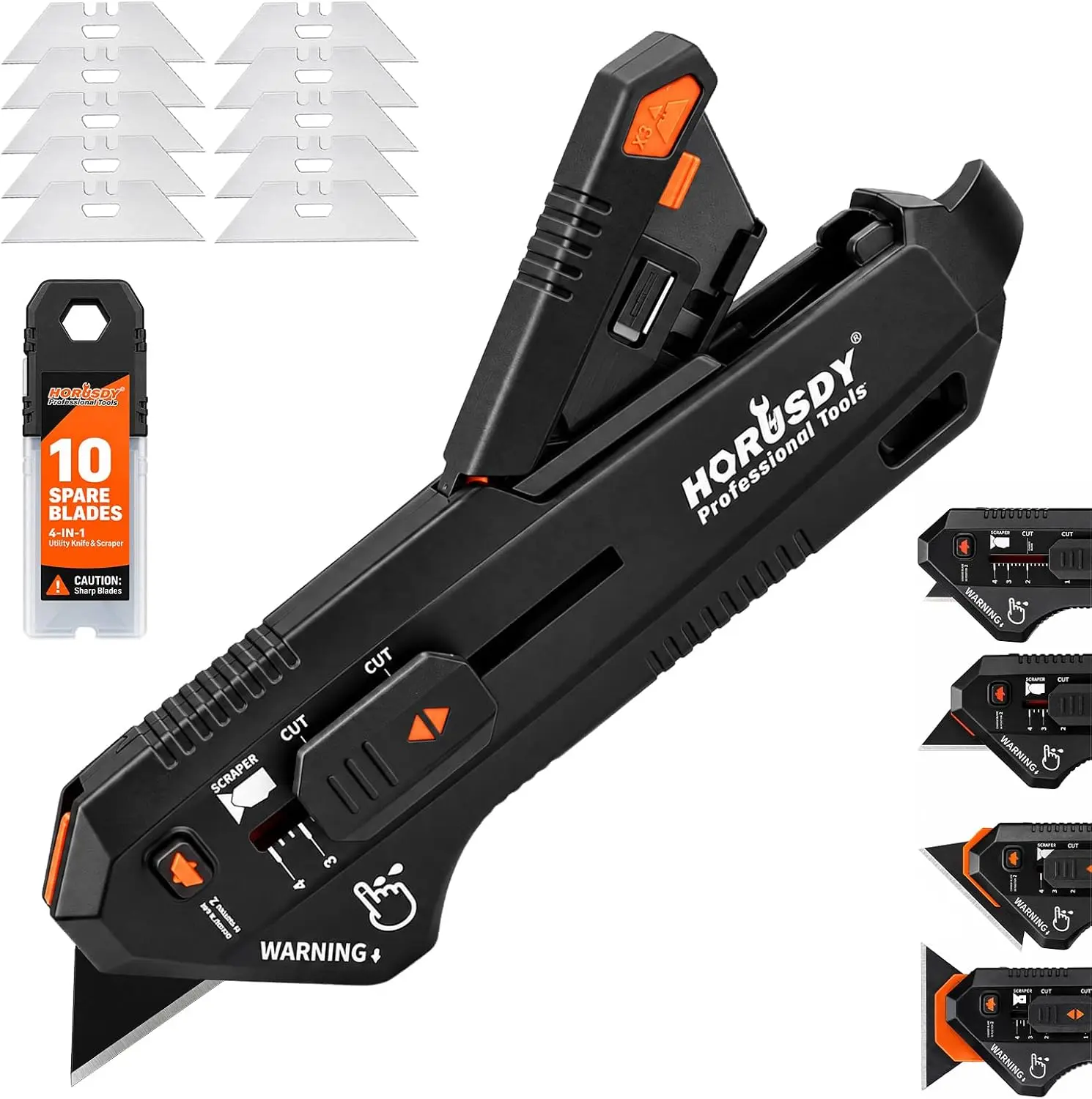 4-in-1 Utility Knife and Scraper with 10 SK2 Blades, Built-In Blade Storage with 3 SK5 Blades, Four Locking Positions, Quick Blade Change for Boxes, Rope, Stickers, Glass & Tile Scraping