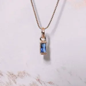 18K Gold Filled Custom Birthday Necklace with September Birthstone Blue Sapphire Cubic Zirconia Baguette Charm 18" Chain