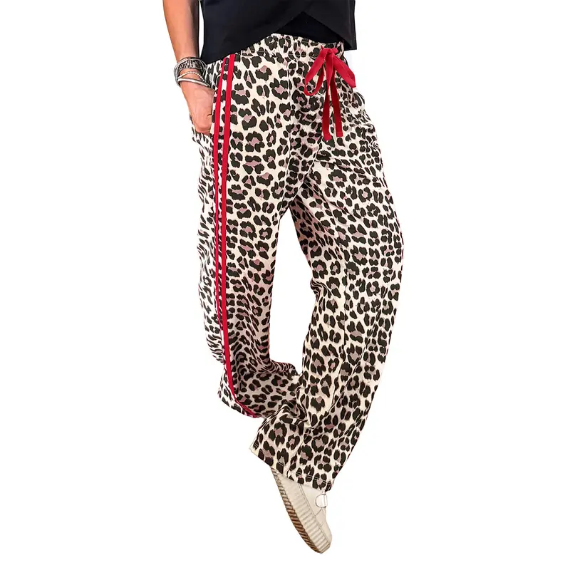 Mntaor Women’s Leopard Print Wide-Leg Sweatpants with Red Tie Belt - Womenswear Fun Bottoms for Bestie Gifts, Holiday Parties (Layering with Crop Tops), Wideleg