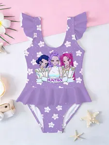 Girls' K-Pop Star One-Piece Swimsuit, Cute Cartoon Print Beach Swimwear, Cartoon Pattern, Ruffled Baby Girl Bathing Suit, Best Birthday Gift