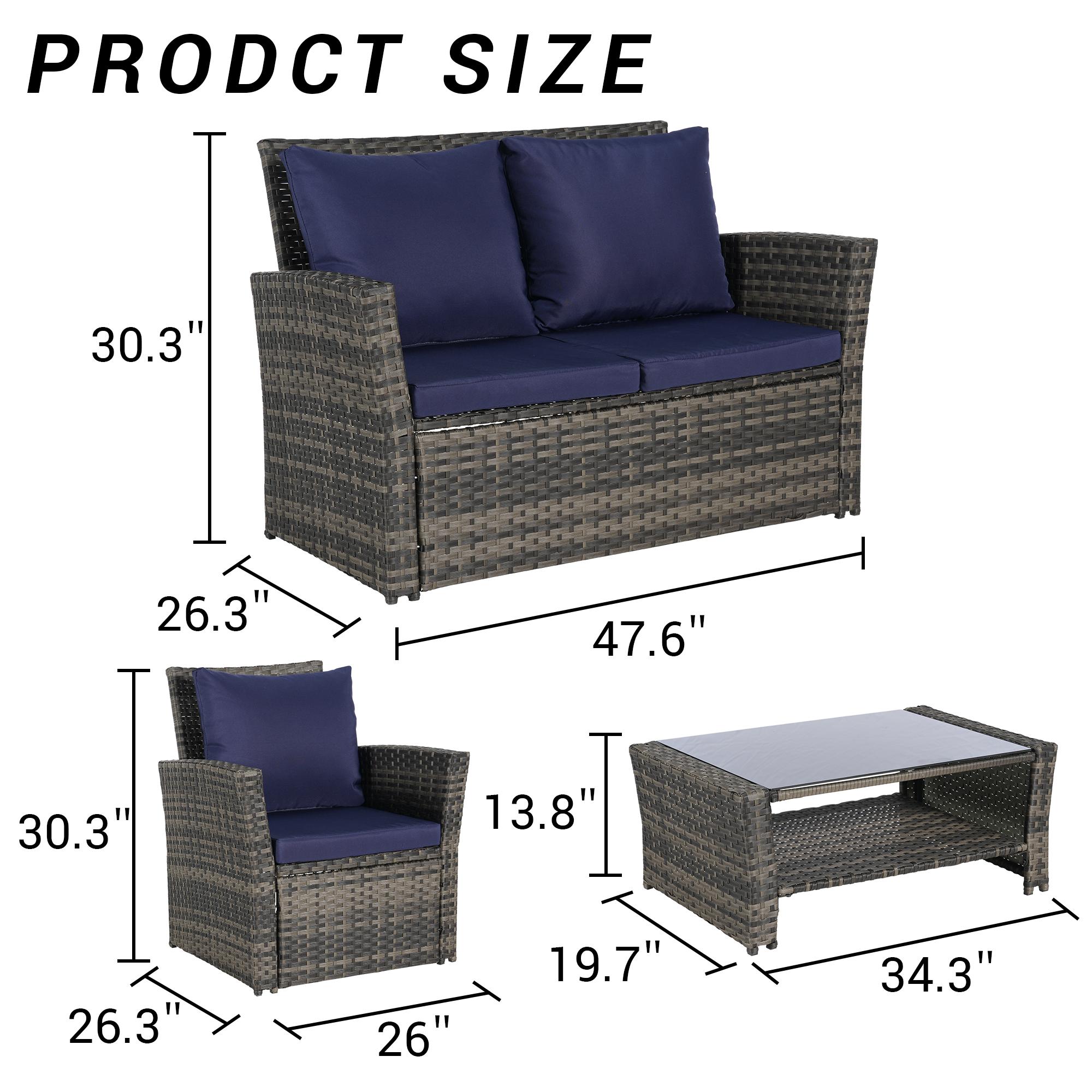 Outdoor Patio 4-Piece Rattan Wicker Furniture Set, Garden Poolside Lawn Chairs with Tempered Glass Coffee Table Porch Seating, Dark Gray/Dark Blue