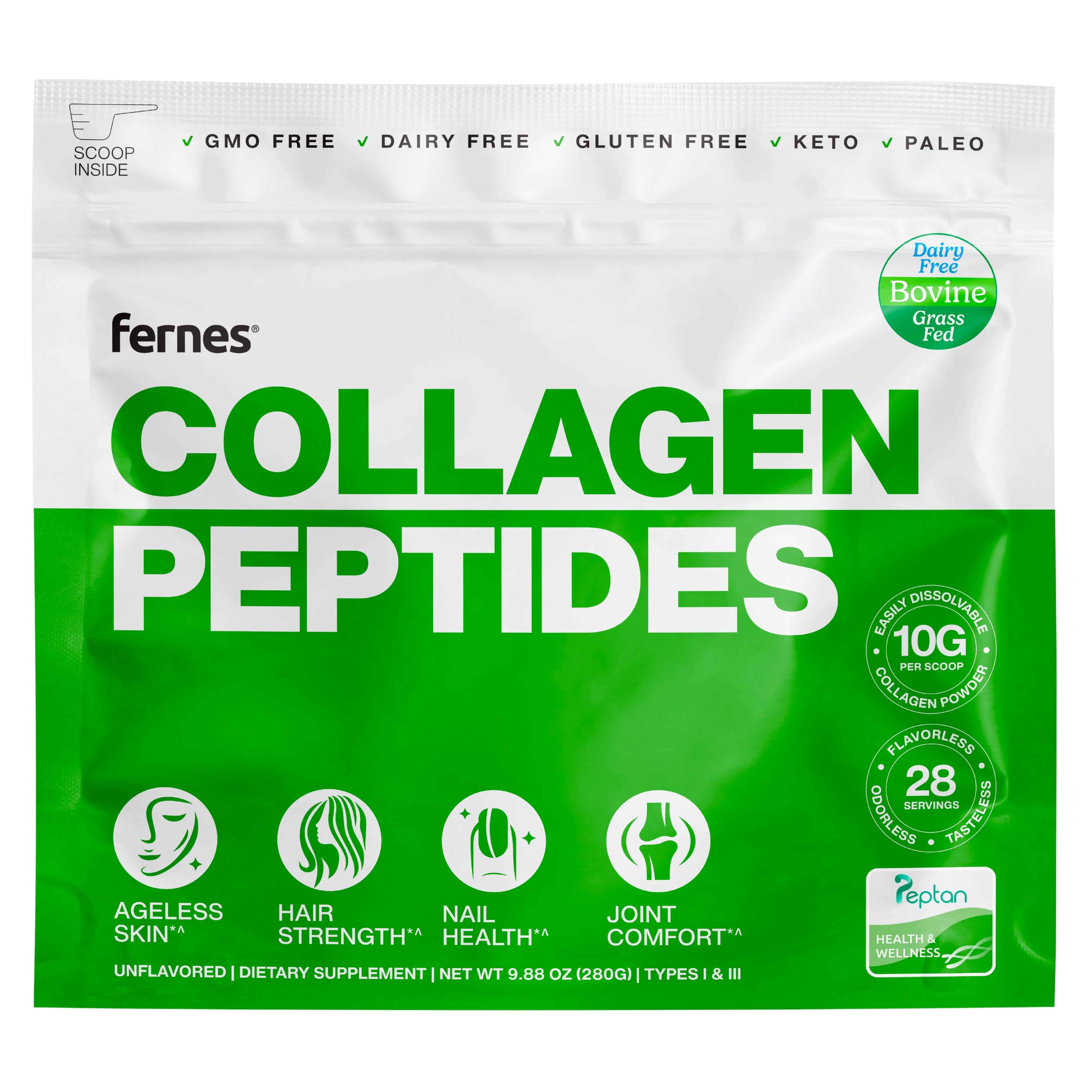 FERNES Collagen Peptides Joint Support, Bone Health, Hydrated Skin, Hair & Nail Growth for Women & Men Fitness Grass Fed Bovine Hydrolyzed Type I,III Unflavored Keto, Paleo, Gluten Free Powder Protein Dietary Supplement Colagen Healthcare Edible