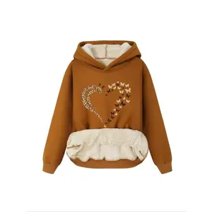 Women's Butterfly & Heart Print Plush Lined Hoodie, Casual Long Sleeve Hooded Sweatshirt for Fall & Winter,  Hoodies for Women, Women's Clothes for Daily Wear