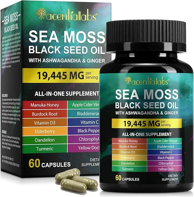 Acentiallabs Sea Moss Black Seed Oil Ashwagandha Ginger, Sea Moss Capsule Supplement with Turmeric Burdock Root Bladderwrack Vitamin C Vitamin D3 Enhanced Immunity & Energy Black Seed Oil Capsule 60 Count