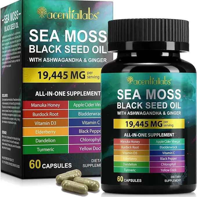 Acentiallabs Natural Essential Sea Moss Dietary Supplement Capsules - Black Seeds, Ashwagandha Root, Turmeric, Ginger, Burdock Root, Bladderwrack, Elderberry, Vitamin C/D3, 60 Count, 24-Month Shelf Life, Immune System & Fitness Healthcare Support