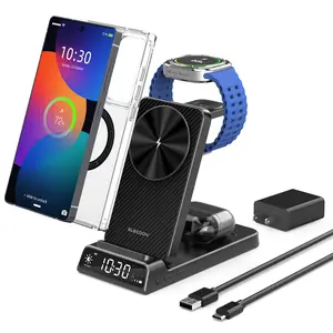 [Carbon Fiber upgrade] 5-in-1 Wireless Charging Station for Apple/Samsung — Featuring LED Clock, Magnetic Attachment, Foldable Design, and 3-Level Brightness Adjustment— Ideal for Desks, Bedside Tables, and Travel (ELECDOV CE19) outdoo fathersdaygift