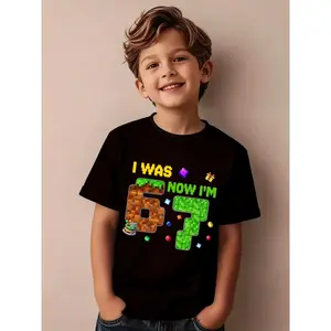 Birthday Edition Summer Boys' Fashion Short-Sleeve T-Shirt "I WAS 6 NOW I'M 7" Birthday Cake Pixel Element Cartoon Pattern Print Outdoor Casual Top NY-DX8580