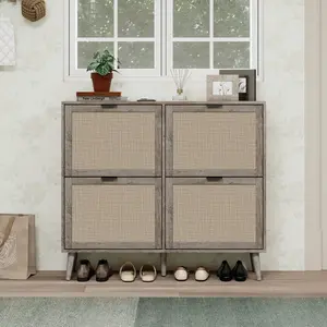 Aobtkel Rattan 4-Door Shoe Rack Organiser, Freestanding Modern Shoe Storage Cabinet for Entryway