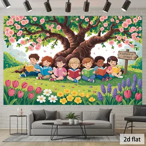 1pc Pastel Blossoming Tree Nylon Banner - Durable, Lightweight 2D Flat Home Decor, Educational Classroom/School Library Backdrop, Easy-to-Hang Spring Themed Polyester Party Decoration with Vibrant Print