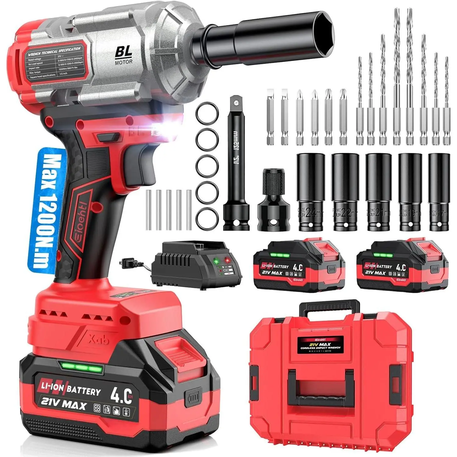 Cordless  Wrench 1200Nm,  Driver &  Drill 1/2" Brushless Power Tool with 2x4.0Ah , 5 Sockets, 8 Drill Bits, 5 Driver Bits, Extension Bar & Adapter for , Van & DIY