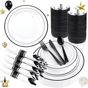 210-piece black plastic tableware set, includes pre-rolled napkins, consisting of: 30 dinner plates, 30 dessert plates, 30 napkins, 30 cups, 90 pieces of plastic cutlery
