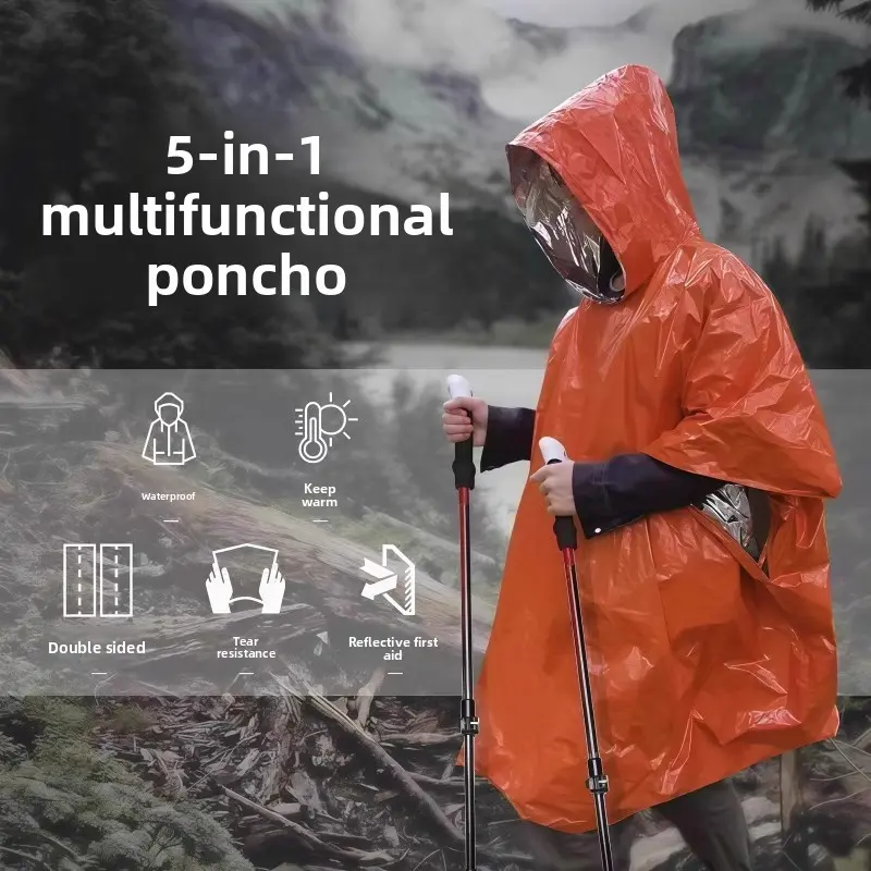 Outdoor emergency raincoat Portable aluminum foil thermal insulation first aid suit Camping Mountaineering emergency anti-loss multi-functional poncho