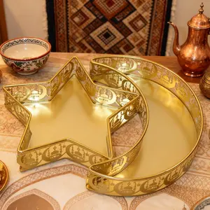 Gold Star Crescent Wrought Iron Tray Storage Box Christmas Home Decor Decoration Luxury Style Ramadan Moon Star Pattern Festival Decorative Plate Ideal Choice Collection Ornament Non Food Contact