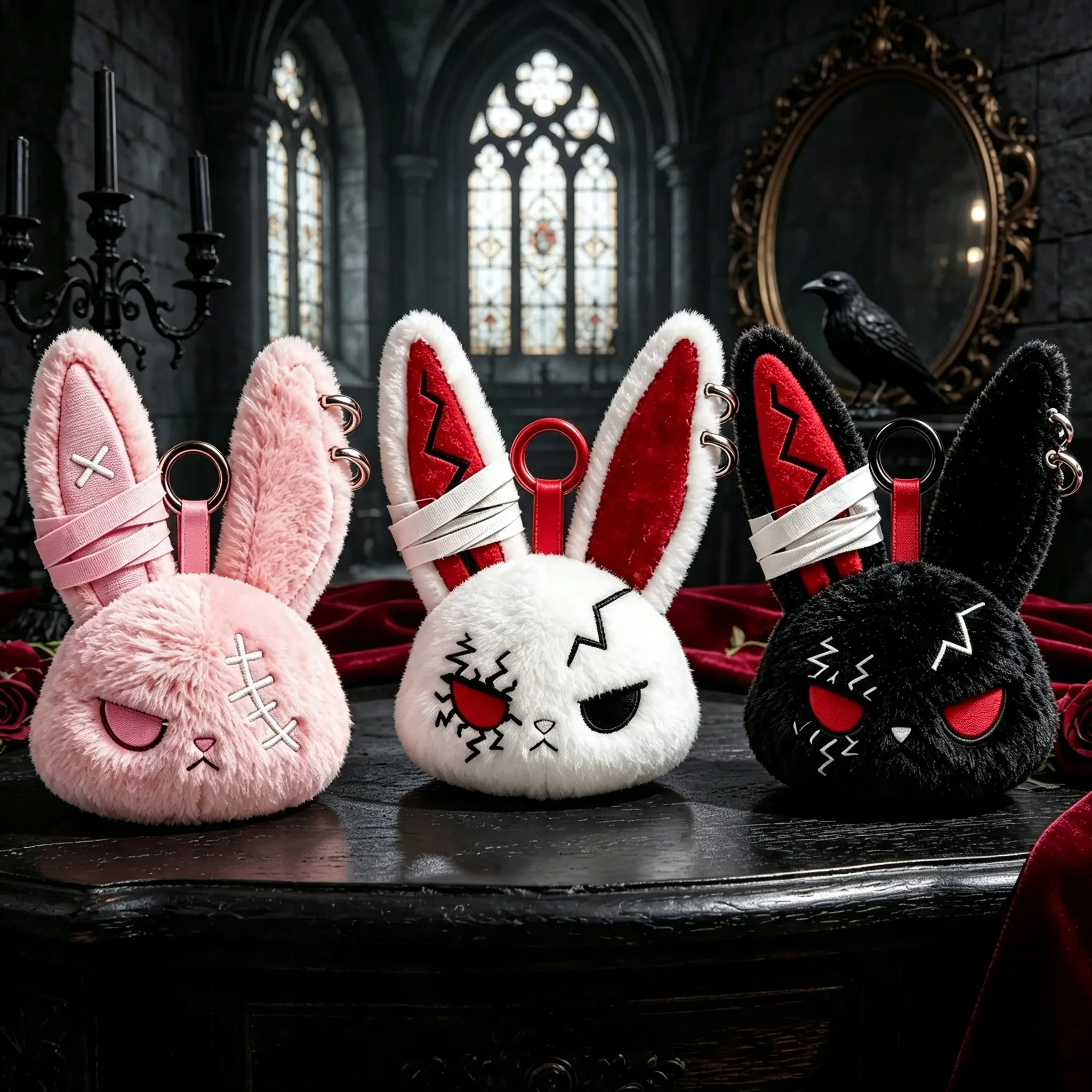 Gothic Style Scar Bandage Plush Rabbit Keychain, Cartoon Fierce Scar‑Stitched Bunny Plush Doll, Fashion Charm Pendant for Car, Bag & Backpack