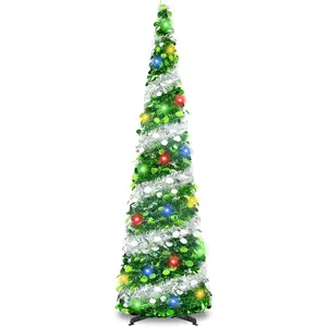 5Ft Pop Up Christmas Tree with Lights, Collapsible Pencil Tree Green , Skinny Christmas Tree Slim Xmas Tree, Artificial Tinsel Tree Foldable for  Apartment Holiday Party Winter Decor