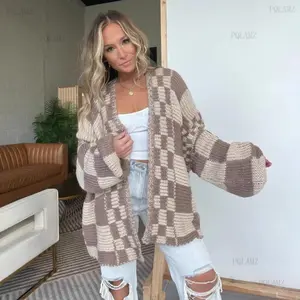 2025Casual Cardigan Sweater for Women Fall  Long Sleeve Open Front Chunky Knit Sweaters Checkered Outwear Coat2025  No.789