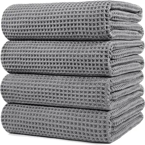 Microfiber Oversize Quick Dry Lint Free Bath Towel, 60 x 30 in, 4 Pack (Gray, Waffle Weave)