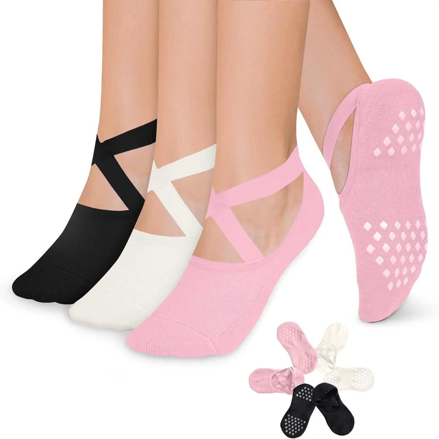 3 Pack Pilates Socks Yoga Socks with Grips for Women Non Slip, Workout, Pure Barre, Ballet, Dance, Hospital Socks JinhuanXuan SHOP