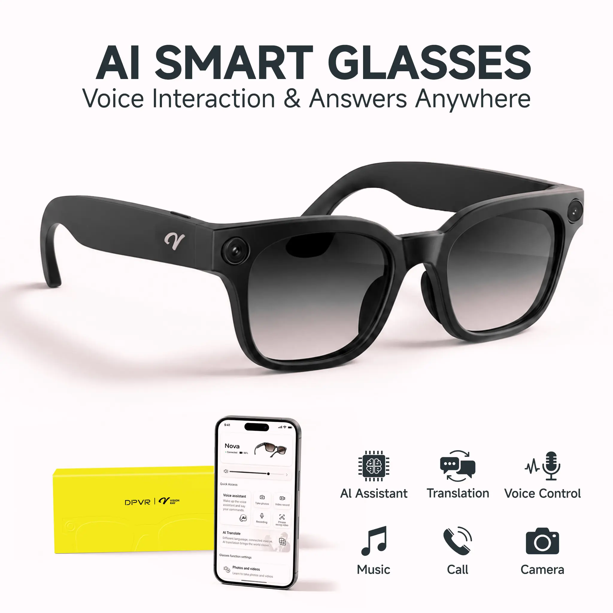Nova AI Smart Glasses with 12MP Sony Camera, Photochromic Lenses, Open-Ear Audio, AI Voice Assistant, Bluetooth & WiFi, Hands-Free Photo Video Recording Phone Wearable