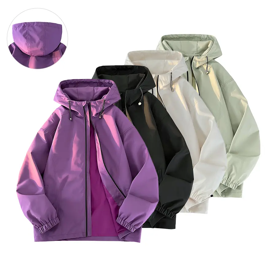 Men’s loose-fit hooded windproof jacket, solid color, waterproof and windproof, wear-resistant, front zipper closure, casual outerwear