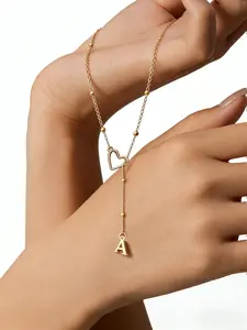 Hollowed out heart-shaped letter necklace with 26 letter stainless steel bead chain and bone chain, suitable for daily wear, vacation and dating occasions, and also a surprising and exquisite small gift, Exquisite jewelry gift, Initial Letter Necklace