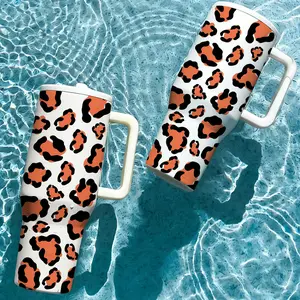 40oz Leopard Print Insulated Tumbler with Handle & Straw, 24H Cold/12H Hot Stainless Steel Travel Mug, Car Cup Holder Friendly, Leakproof Coffee Cup for Gym, Beach & Office, Trendy Gift for Her.