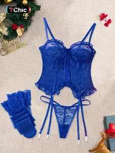 Christmas Polyester Blend Sexy Bow Lace Ruffle BabyDoll Dress Set, Lingerie, Underwear, All Seasons Wear