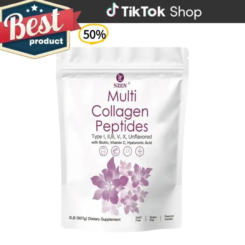 NZEN Multi Collagen Peptides Powder - 1LB/2LB - Hyaluronic Acid, Biotin & Vitami...