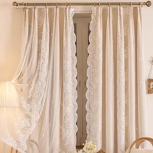 Lace Curtain, 2 Counts French Romantic Blackout Curtain, Double-layer Cloth Yarn Integrated Door Curtain, Home Decor for Bedroom Bay Window, Home Decoration Curtain
