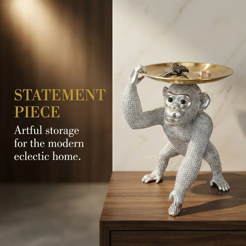 Handcrafted Silver Rhinestone Monkey Resin Sculpture, Whimsical Serving Tray Statue, Luxury Home Office Decor, Unique Artistic Gift, Desk Organizer Ornament, Resin Animal Sculptures, Resin Animal Figurines