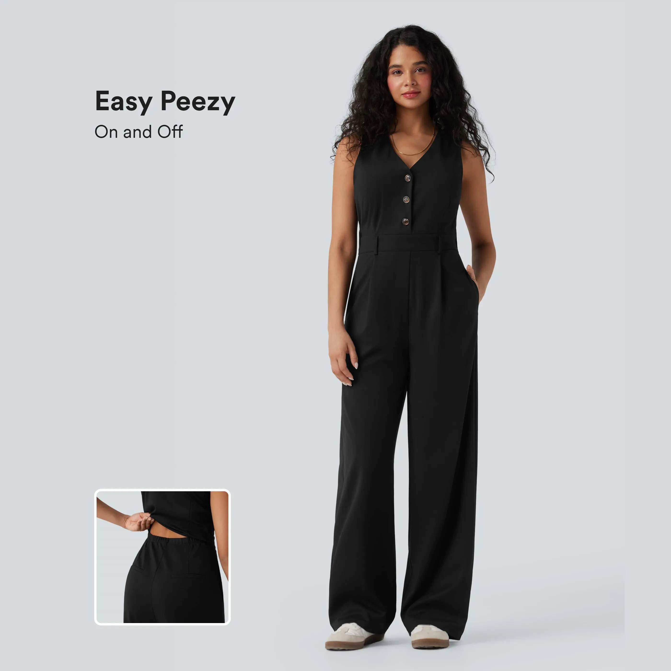 Halara V-neck Sleeveless Casual Vest Jumpsuit with Pockets-Easy Peezy