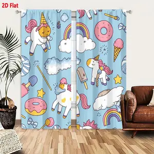 2D Flat Cute Unicorn & Candy Pattern Blackout Curtains 2-Pack, Pastel Blue Background with Pink/Yellow Donuts, Ice Cream, Lollipops, Magic Wand, Clouds for Kids Room, Light Filtering & Thermal Insulated Window Drapes