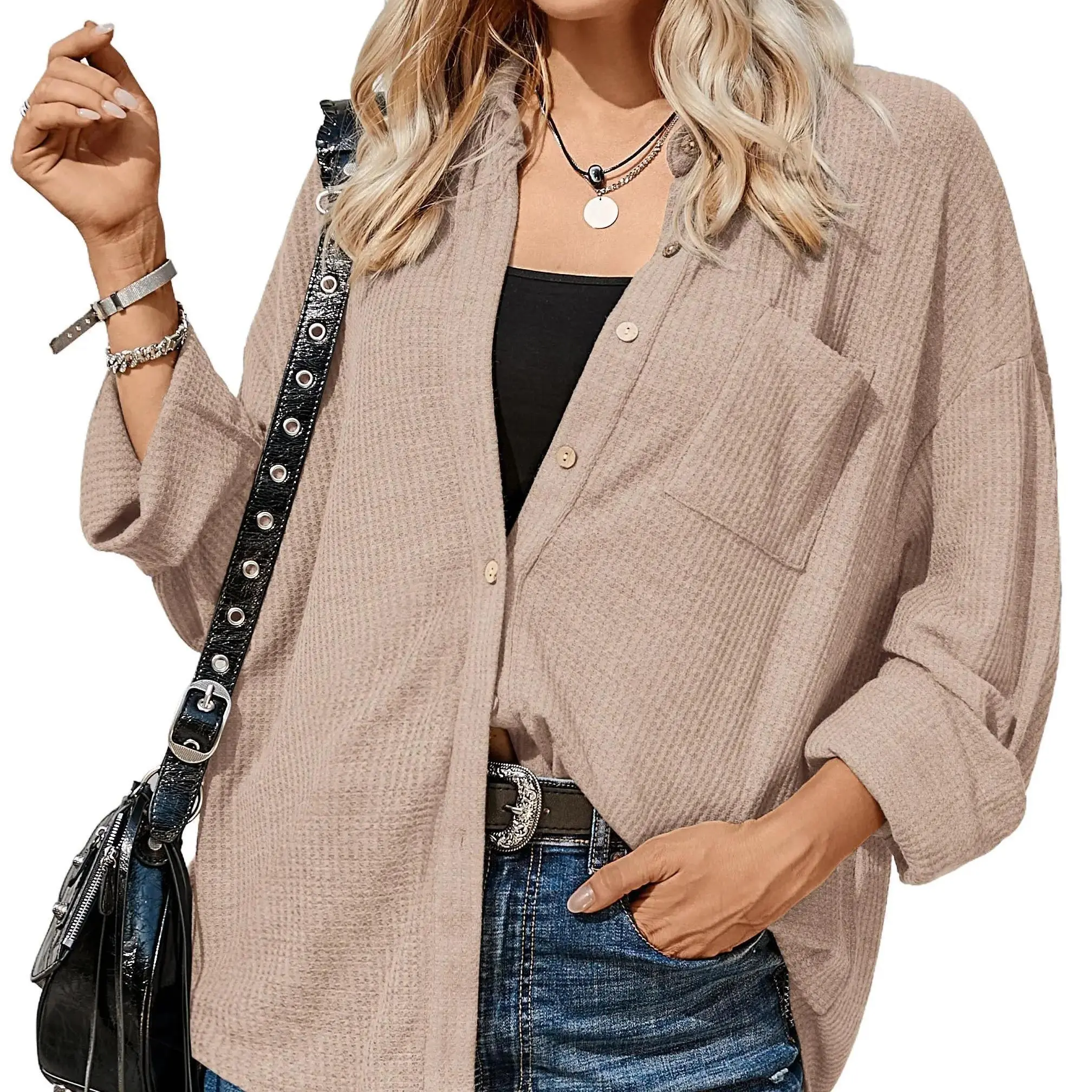 Women’s Waffle Button Down Shirts for Women V Neck Long Sleeve Lightweight OL Blouse with Pocket Dressy Casual Work Shacket Autumn Womenswear Basic Collared