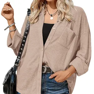 Waffle Button Down Shirts for Women V Neck Long Sleeve Lightweight OL Blouse with Pocket Dressy Casual Work Shacket Autumn Womenswear Basic Collared
