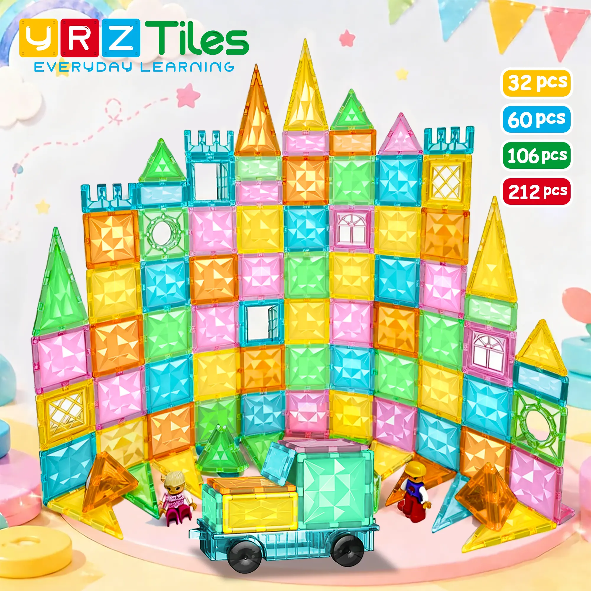 Toddler Early Education Magnetic Tiles, YRZtiles STEM Learning Building Blocks, Creative DIY Castle Play Set, Brain Training Pretend Toy, Perfect Gift for Kids 3+