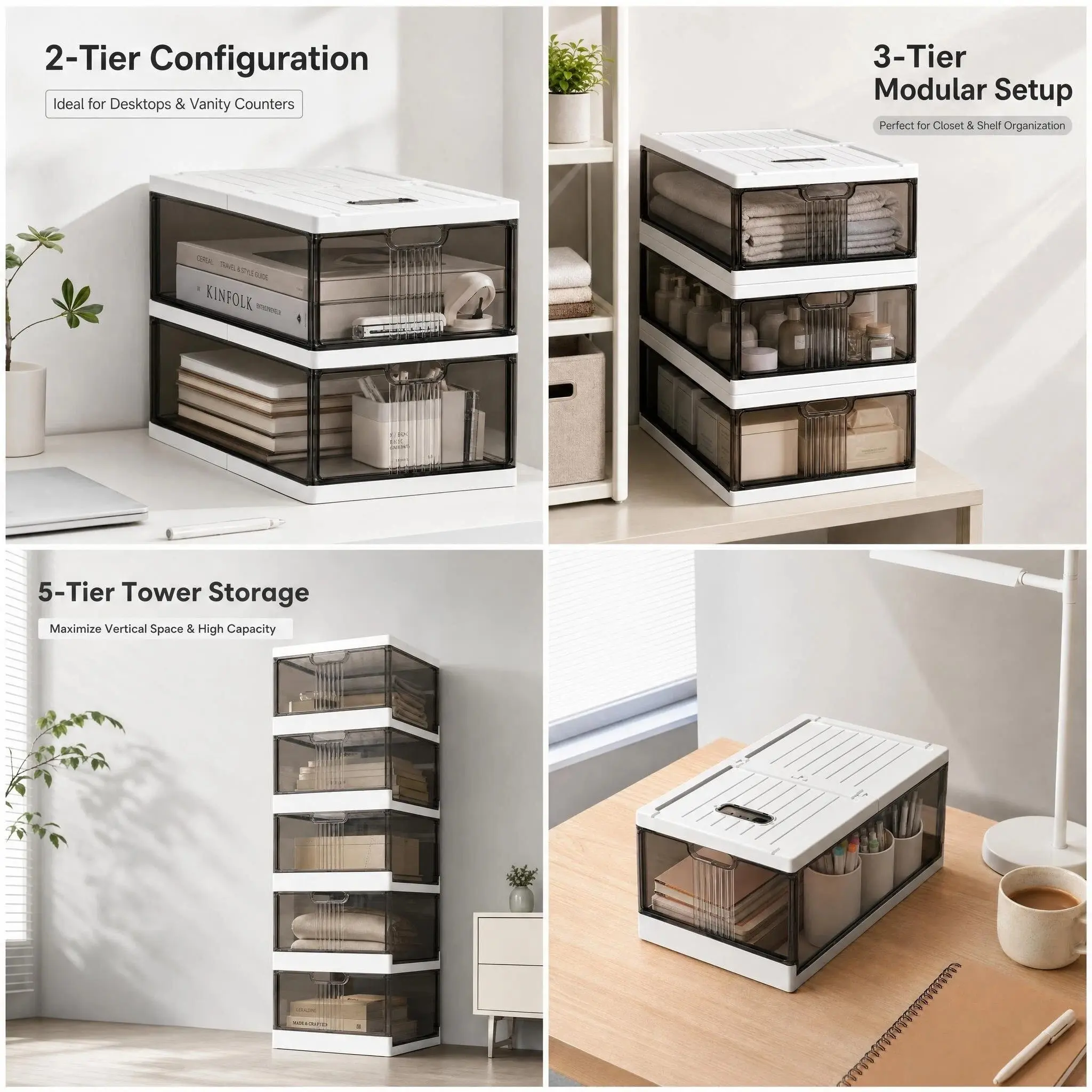 Multi-Tier Stackable Modular Storage Cabinet, Transparent Drawer Plastic Organizer Box, 2/3/5 Tier Combination Desktop & Closet Storage Unit for Documents, Cosmetics, Clothes