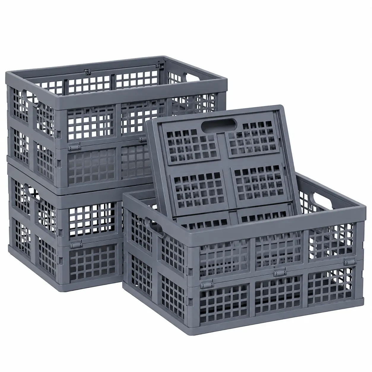 3-Pack Plastic Folding Storage Crates, Grey Collapsible Basket, 30 L | Space-Saving Baskets, Folding Storage Containers for Organizing Tools, Books, Food, Drinks, Camping & Transport